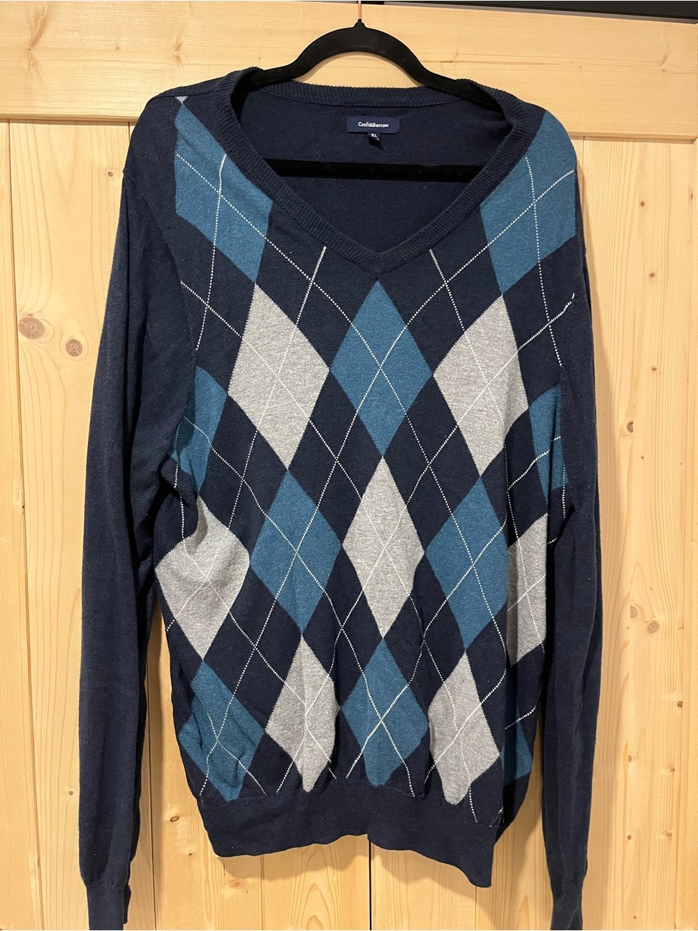 Croft & Barrow Navy Blue V-Neck Argyle Sweater with Light Blue and Gray XL